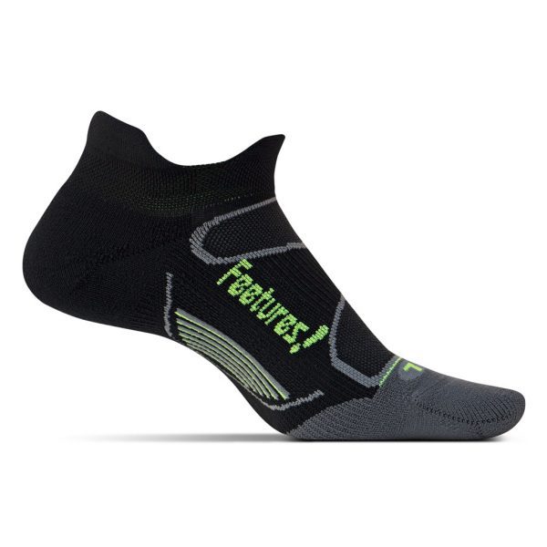 Feetures Elite Lite Cushion No-Show Tab (6 Colours) | F16-Elite-Light-Cushion-No-Show-Tab-Black-sock-on-foot-form