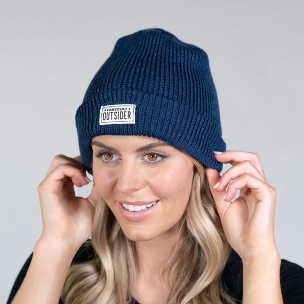 ioMerino Ribbed Beanie (Blue or Charcoal) | WomantryingonioMerinoOutsiderribbedbeanieinblue_1200x