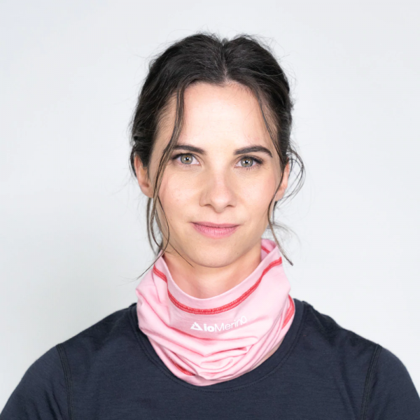 ioMerino Altitude Neck Tube (Black, Pink or Stripe) | WomensMerinoWoolNeckWarmerPinkandRedWithNeckWarmerWornAroundNeck_1200x