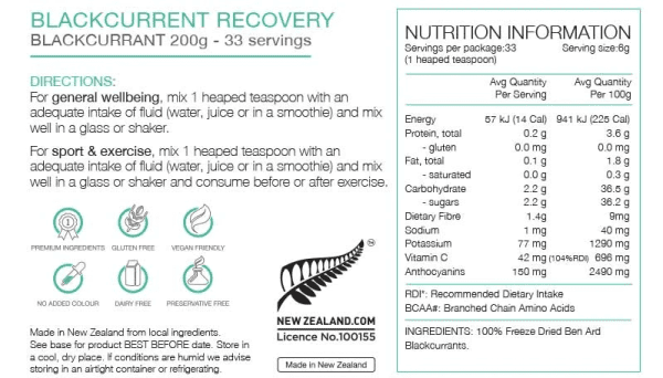Pure Sports Nutrition Blackcurrant Recovery - 200g Pouch (33 Serves) | Pure_NIP_Blackcurrant_200g_1024x1024
